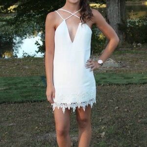 Express White Lace-Hem Mini Dress with Crisscross Straps